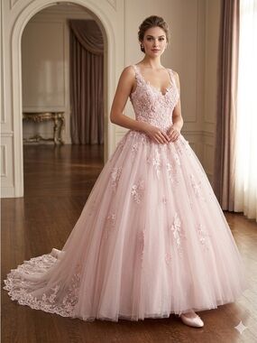 Blush Pink Lace Appliqué Tulle Maxi Gown